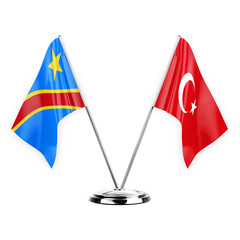 Two table flags isolated on white background 3d illustration, dr congo and turkey