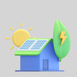 solar panel house icon with green leaf and sun eco friendly power symbol 3d render illustration
