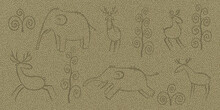 Horizontal Textured Background With Animal Silhouettes In The Doodle Style. Mammoths, Deer, Plants. Vector Green Backdrop With Turing Texture. For Banners, Posters, Wallpapers, Etc.