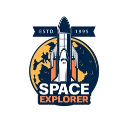 Wall Mural - spaceship icon, space explorer rocket to planets, vector shuttle spacecraft in galaxy flight. orbita