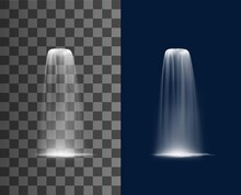 Waterfall Cascade Of Water Falling With Splashes, Vector Realistic Fountain Pour. Water Jets Of Fountain Or Sprinkle Flow With Pouring Splatters Of Aqua Drips, Isolated On Transparent Background