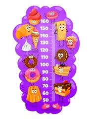 Wall Mural - Cartoon sweets, cakes and desserts kids height chart, growth meter. Vector wall sticker with cute cartoon characters meringue, donut, chocolate cookie, ice cream and scale for baby height measurement