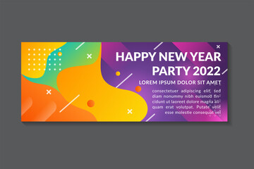 Poster - happy new year party 2022 white text on colorful liquid background.  realistic festive objects with horizontal layout. combination yellow, blue, pink, purple, and brown color. Shiny party background.
