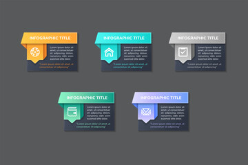 Poster - Vector Infographic label design template with icons and 5 options or steps. 3d square chat shape. Can be used for process diagram, presentations, workflow layout, banner, flow chart, info graph.