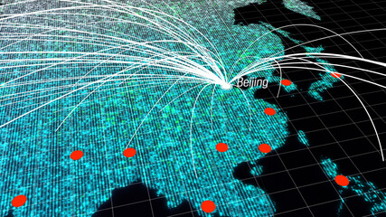 Poster - Global connectivity from Beijing, China to other major cities around the world. Technology and network connection, trading and traveling concept. World map element of this clip furnished by NASA