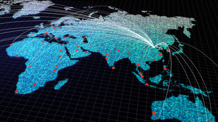 Poster - Global connectivity from Beijing, China to other major cities around the world. Technology and network connection, trading and traveling concept. World map element of this clip furnished by NASA