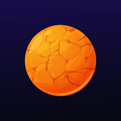 Poster - Cartoon yellow space cracked planet. Fantastic inhabited planet or alien galaxy world. Game UI design element comic asteroid or moon vector icon with hot rock or sand desert surface