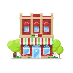 Sticker - Italian pizzeria building icon. City street restaurant, small local business or family cafe two-storey cartoon vector building with italian flag colors awning, chalkboard menu stand and outdoors seats