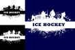 Ice hockey sport grunge posters with hockey players. Ice hockey championship, tournament or competition match grunge vector background or backdrop with forward, goalie players and paint splatters