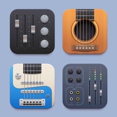 Aufkleber - Sound record, music sound mixer, guitar app icon. Vector electric and acoustic string instruments, equalizers and tuners 3d elements. Buttons for player, ui graphic of mobile application or website