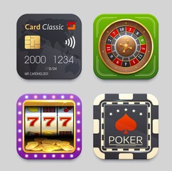 Wall Mural - Online payment, poker chip, fortune wheel and slot machine icons, vector mobile app buttons. Online casino and banking or NFC pay or digital wallet application, slot machine and poker game roulette