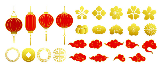 Chinese New Year Icons vector set. Chinese paper lantern and red lamp isolated icons of Asian Lunar New Year holiday decoration vector. Oriental culture tradition illustration.
