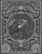 Illustration Vintage Iguana With Engraving Ornament Frame