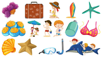 Poster - Set of summer beach objects and cartoon characters