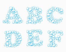 Alphabet Of Soap Bubbles. Water Suds Letters A, B, C, D, E, F. Realistic Vector Font Isolated On White Background