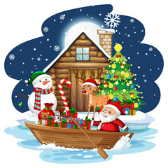 Poster - Snowy night with Santa Claus delivering gifts by a boat