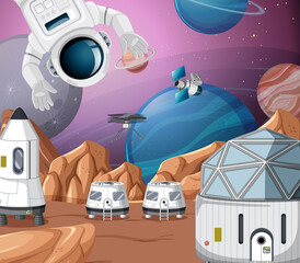 Wall Mural - Landscape of planet surface with colony buildings