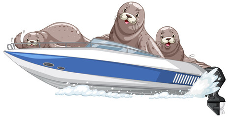 Sticker - Seals on speed boat in cartoon style