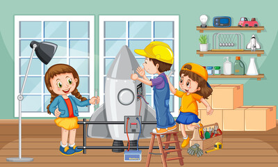 Wall Mural - children fixing a rocket toy together in the room scene