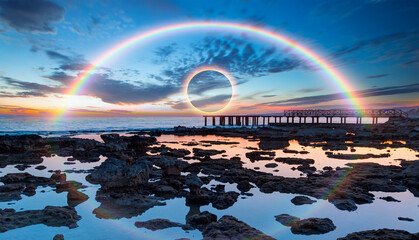 Wall Mural - Long exposure photo - Beautiful landscape with wooden pier and rainbow, Solar eclipse in the background