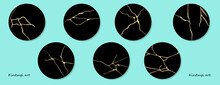 Kintsugi Art Style Template. A4 Design Poster Abstract Golden Crack Texture Pattern On Black Backdrop. Japanese Vintage Traditional Craft Gold Craquelure Azure Background. Vector Illustration