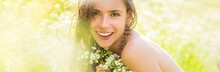 Spring Woman Face For Banner. Portrait Of A Beautiful Young Girl In The Spring With Wildflowers. Happy Summer Face Of Young Woman In Green Nature Field.