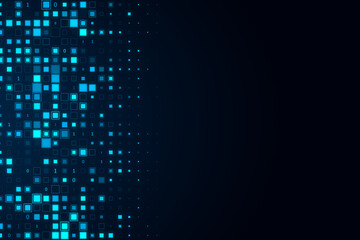 Poster - Abstract glowing binary code and pixel background with mock up place. Design and technology concept. 3D Rendering.