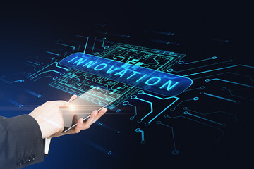 Poster - Close up of businessman hand pointing at smartphone with abstract glowing innovation hologram on dark background. Future and technology concept.