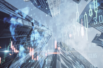 Poster - Creative glowing big data forex chart candlestick hologram and map on blurry city backdrop. Trade, technology and finance concept. Double exposure.