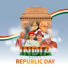 Happy Republic Day India. Freedom Fighters With India Gate Vector Illustration Design