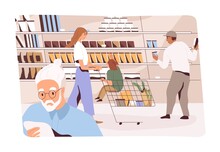 People Shopping In Grocery Store. Customers With Carts And Trolleys Choose And Buy Food In Supermarket. Buyers Walk In Hypermarket Aisle, Make Purchases In Produce Department. Flat Vector Illustration