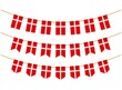 Denmark flag on the ropes on white background. Set of Patriotic bunting flags. Bunting decoration of Denmark flag