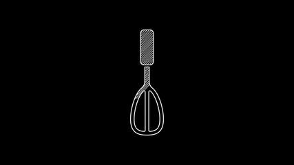 Sticker - White line Kitchen whisk icon isolated on black background. Cooking utensil, egg beater. Cutlery sign. Food mix symbol. 4K Video motion graphic animation