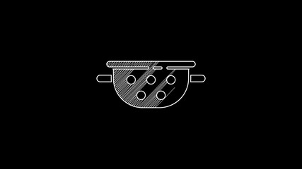 Sticker - White line Kitchen colander icon isolated on black background. Cooking utensil. Cutlery sign. 4K Video motion graphic animation