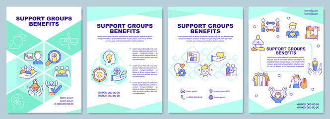 Support groups benefits brochure template. Mental health. Booklet print design with linear icons. Vector layouts for presentation, annual reports, ads. Arial-Black, Myriad Pro-Regular fonts used