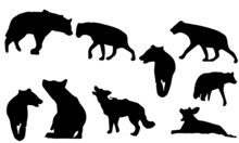Vector Animal Illustration. Black Silhouette Of A Hyena On A Black And White Background.