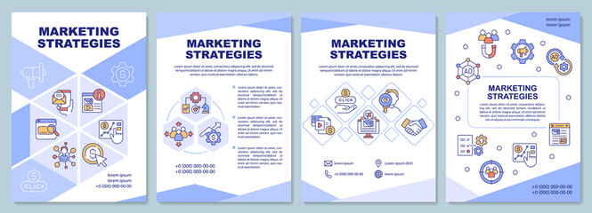 Marketing strategies blue brochure template. Digital ads. Booklet print design with linear icons. Vector layouts for presentation, annual reports, ads. Arial-Black, Myriad Pro-Regular fonts used