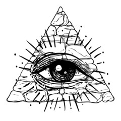 Poster - Eye of Providence. Masonic symbol. All seeing eye inside triangle pyramid. New World Order. Hand-drawn alchemy, religion, spirituality, occultism. Isolated vector illustration. Conspiracy theory.