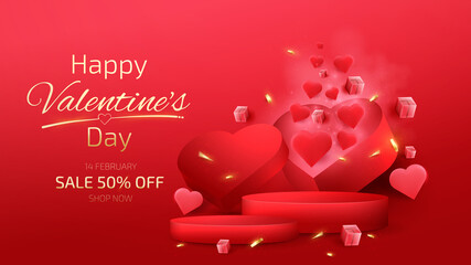 Wall Mural - red podium product display with heart shape elements and gold ribbon. valentines day background.