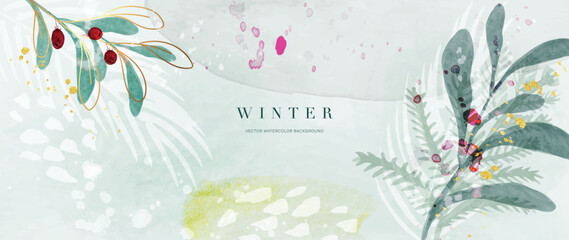 Winter background vector. Hand painted watercolor and gold brush texture, Flower and botanical leaves hand drawing. Abstract art design for wallpaper, wall arts, cover, wedding and  invite card.  