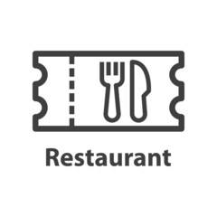 Canvas Print - Logo comida online. Icono ticket con cubiertos con texto Restaurant con líneas en color gris