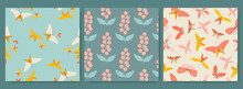 Set Of Seamless Patterns With Butterflies And Wildflowers.