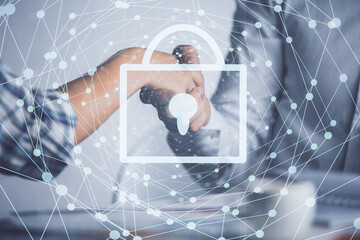 Aufkleber - Double exposure of lock hologram and handshake of two men. Partnership security concept.