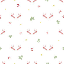 Seamless  Christmas Festive Pattern Background With Glitter Elelments And Reindeer Antler Stamp