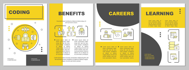 Coding career yellow brochure template. Programmer job. Booklet print design with linear icons. Vector layouts for presentation, annual reports, ads. Arial, Myriad Pro-Regular fonts used
