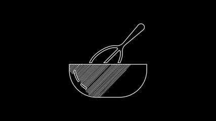 Sticker - White line Kitchen whisk and bowl icon isolated on black background. Cooking utensil, egg beater. Cutlery sign. Food mix symbol. 4K Video motion graphic animation