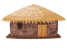 Country Hut, House Of Stones And Clay With Thatched Roof Isolated On White. Cute Small Poor Aged Round Travel Real Rest Reed Cover Roof Barn. Retro Rustic Cartoon Farm Hutch Dwell Villa Wood Door