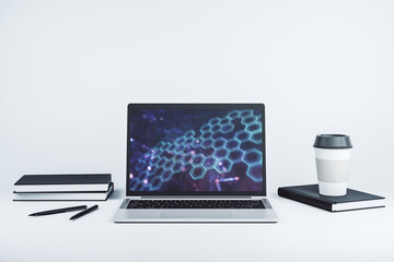 Poster - Creative abstract wireless technology hologram with hexagon on modern computer monitor, artificial intelligence and machine learning concept. 3D Rendering
