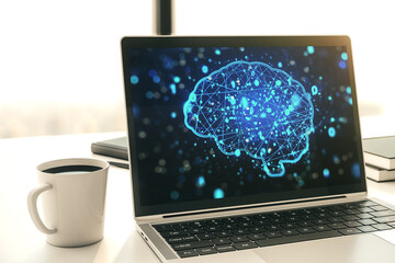 Poster - Modern computer monitor with creative artificial Intelligence symbol. Neural networks and machine learning concept. 3D Rendering