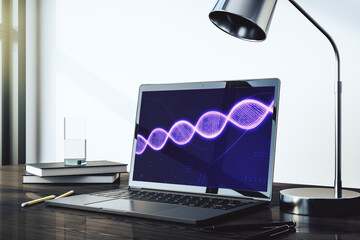 Poster - Creative concept with DNA symbol illustration on modern laptop screen. Genome research concept. 3D Rendering
